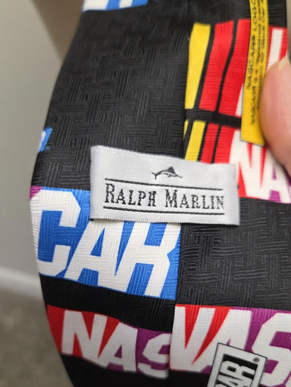Nascar Ralph Marlin Black Tie with Red, Blue, Yellow and White Logo Blocks